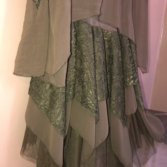 Olive Lace Top; Lace Overlay and Ruffle Undertank - Picture 4 of 7